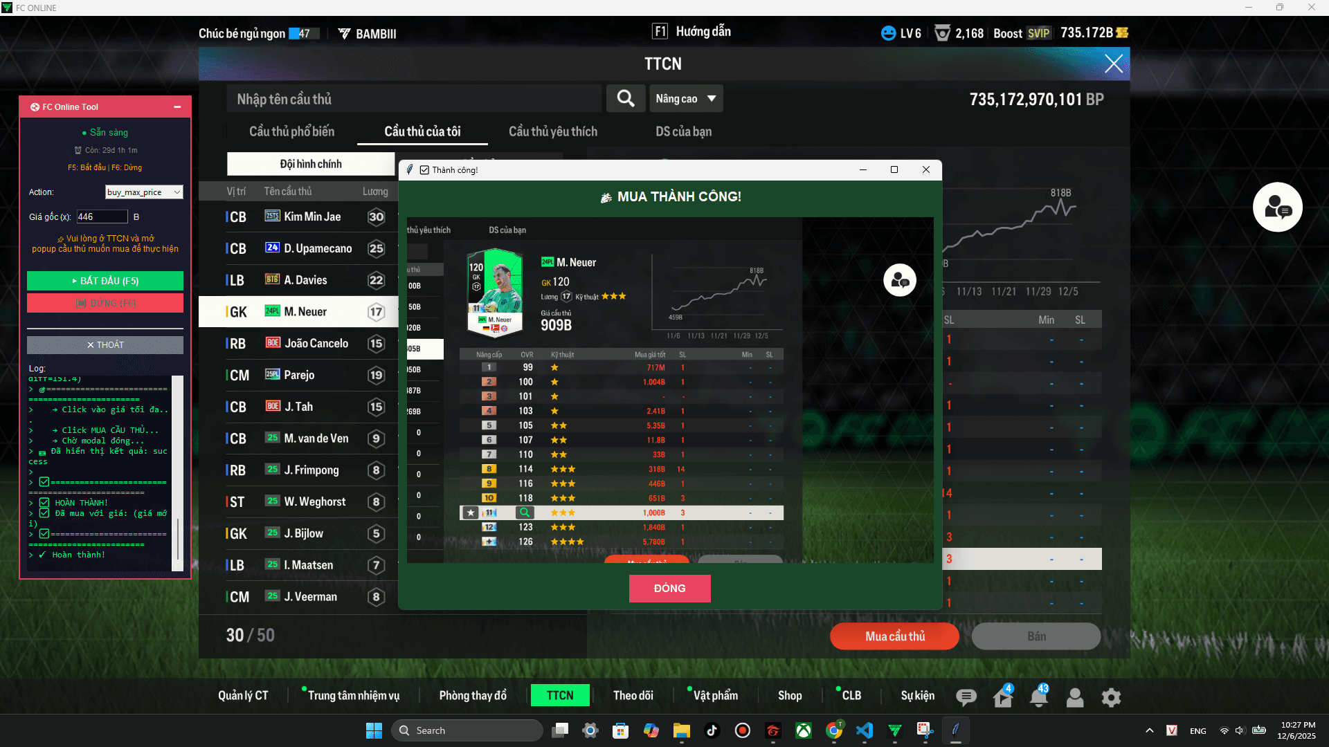 Kết quả mua thành công